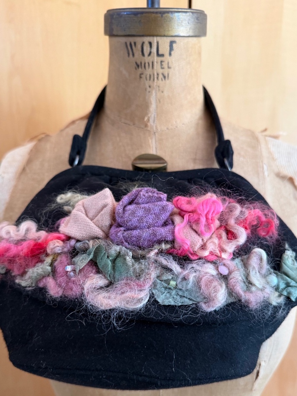 Handcrafted Black Wool & Felt  Handbag Featuring Dimensional Sculpted Flowers